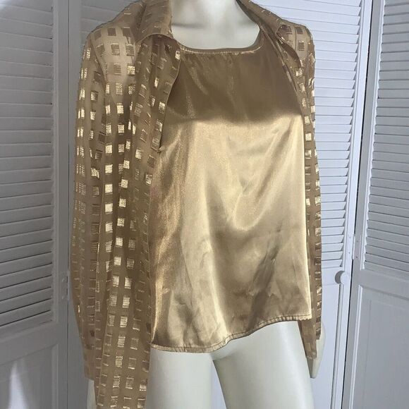 Vintage 90’s Gold Sheer Long Sleeve Button Down Shirt with Matching Gold Sleevel - Picture 11 of 13
